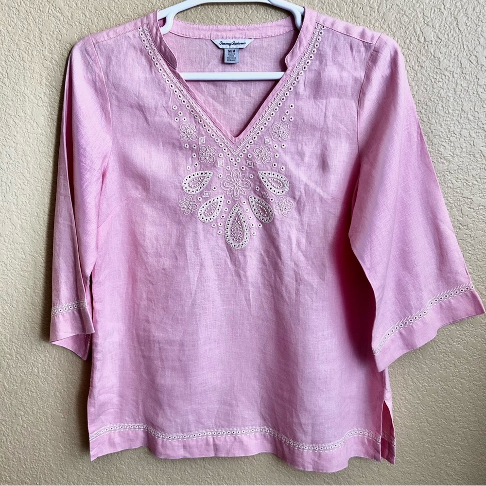 Tommy Bahama Pink V-Neck Linen Embroidered Tunic